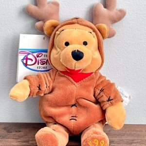 NWT Vintage Disney Store REINDEER Winnie The Pooh Beanbag Stuffed Plush 1999